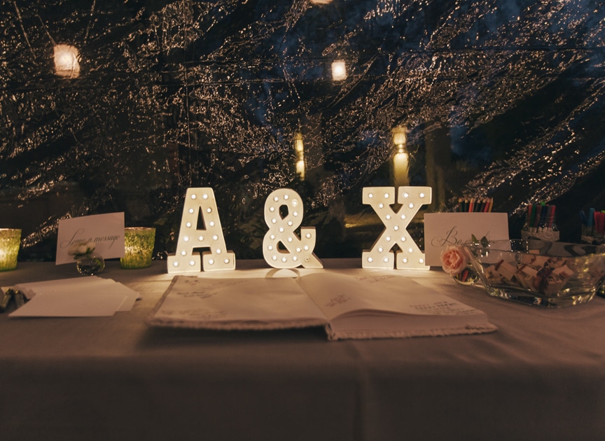 A & X initial lights on the guest book table - Amy Myers MD