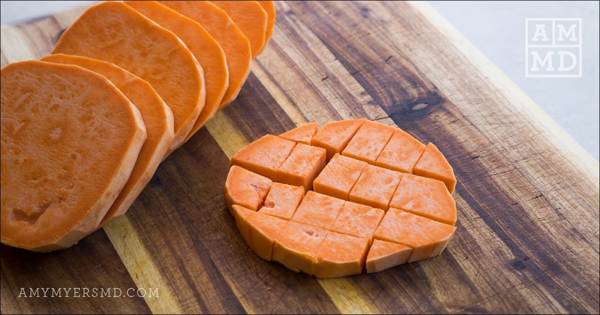 Sliced sweet potatoes used for paleo breakfast meal prepping - Amy Myers MD®