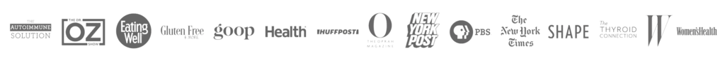 A collection of logos from publications that have featured Dr. Amy Myers including the Doctor Oz show, Women's Health, HuffPost, and the New York Times