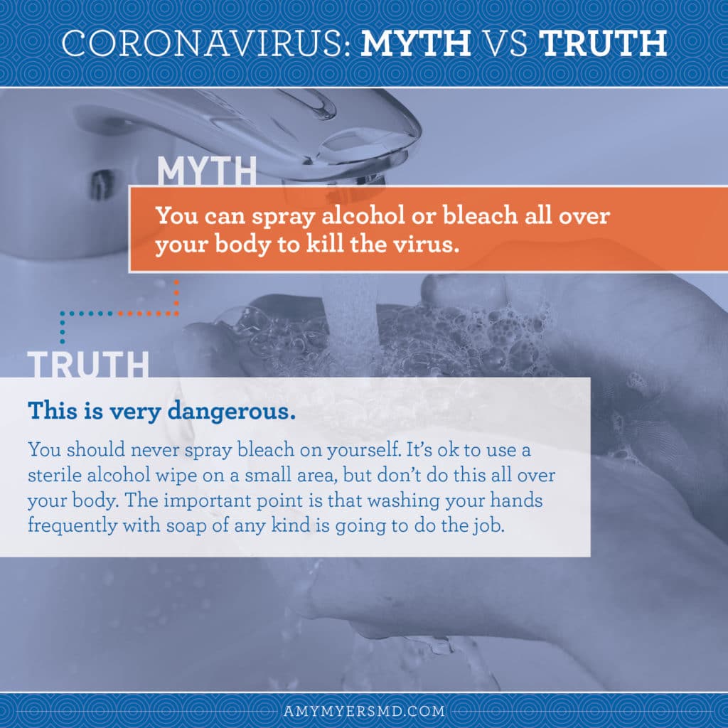 Coronavirus Myth vs Truth - Myth: You can spray alcohol or bleach all over your body to kill the virus - Truth: this is very dangerous - Infographic - Amy Myers MD®