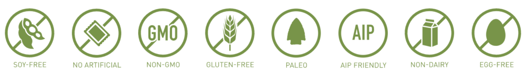 Icons of product benefits: Kosher, Grass Fed, Non-GMO, Non-Dairy, GMP Compliant, Gluten Free, Physician Formulated.