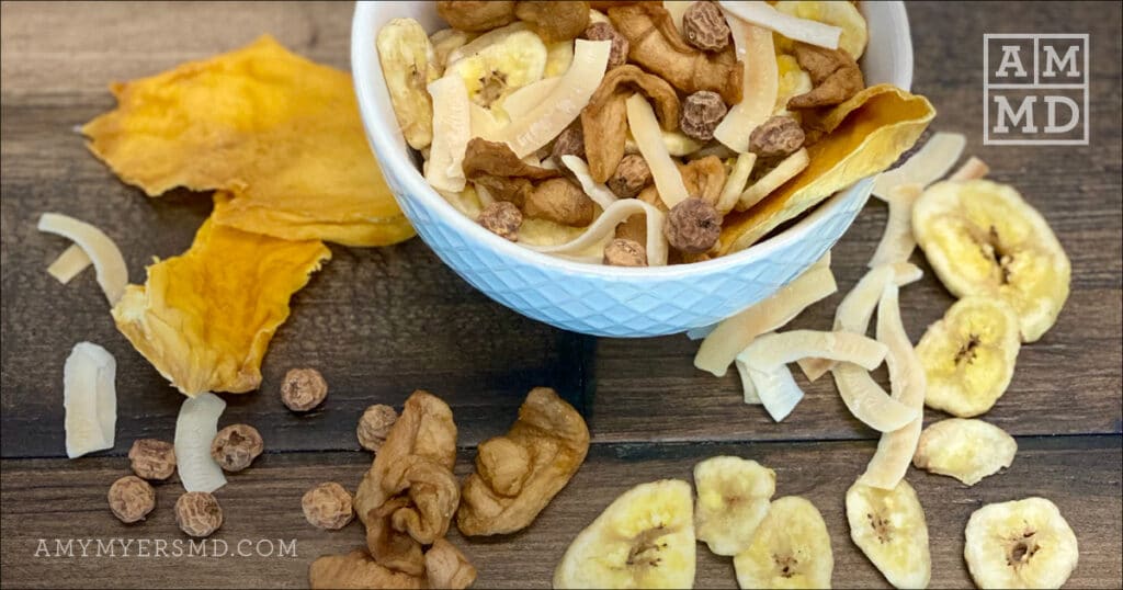 AIP-friendly bowl of dried fruits and toasted coconut chips made from Amy Myers MD Gut Recovery recipe eBook