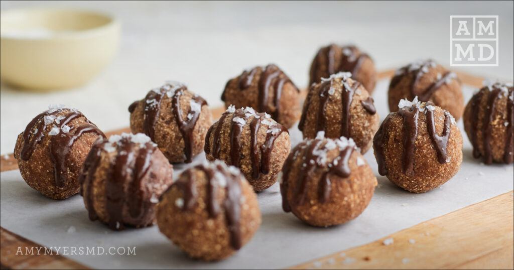 brownie bites on tray - Collagen Probiotic No Bake Brownie Bites - Amy Myers MD®