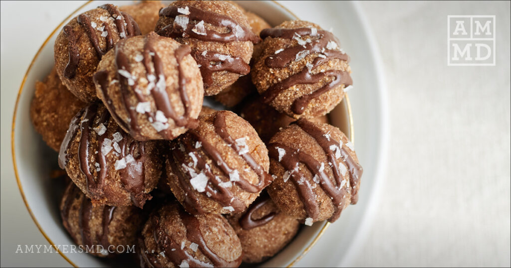 brownie bites in a bowl - Collagen Probiotic No Bake Brownie Bites - Amy Myers MD®